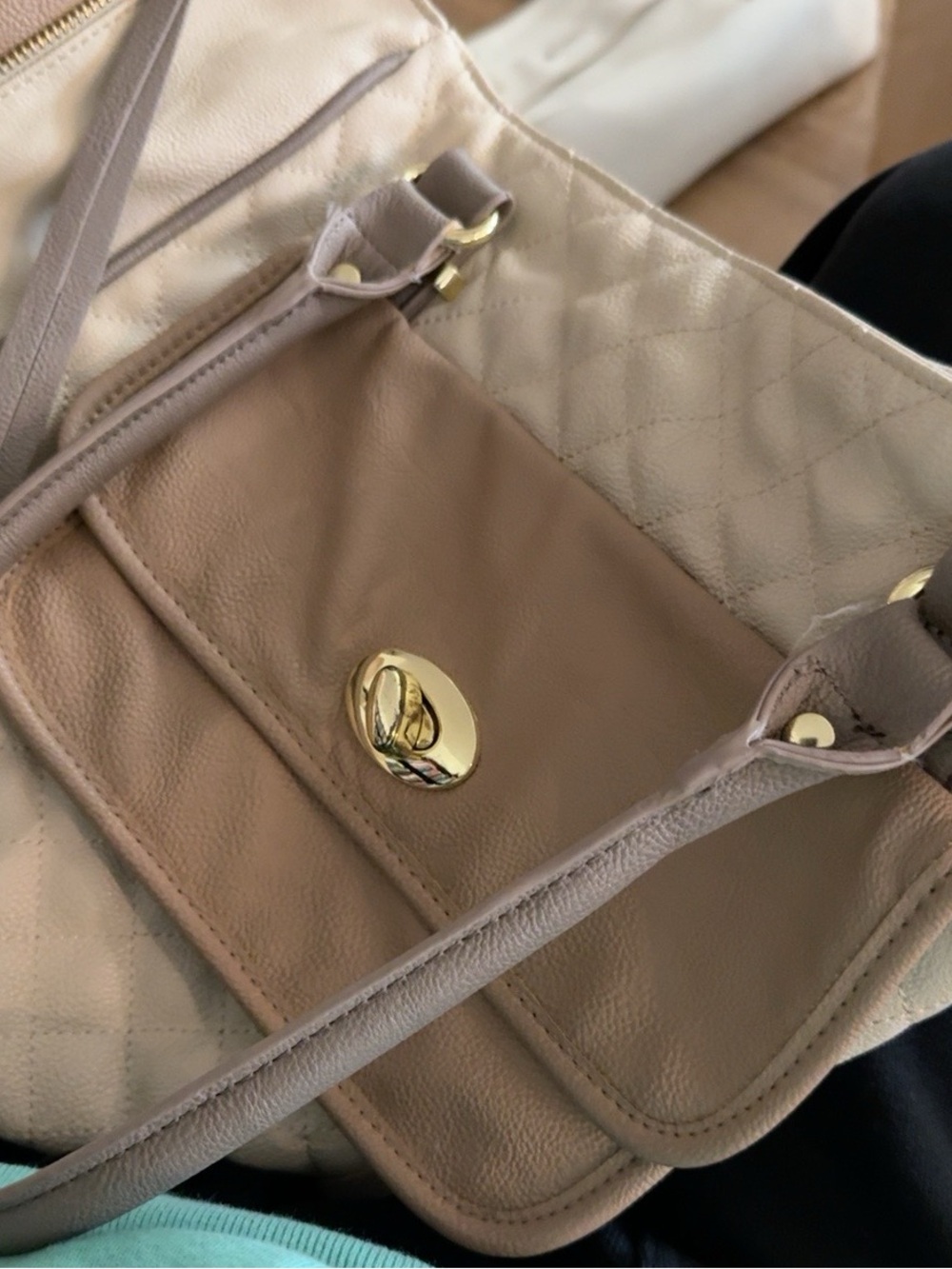 Steve Madden Cream Quilted Tote Shoulder Bag Taupe Gold